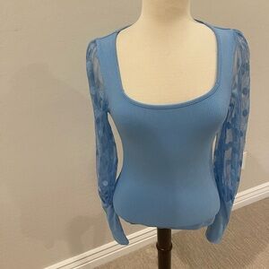 Zara Blue Top with Sheer Polka Dot Sleeves